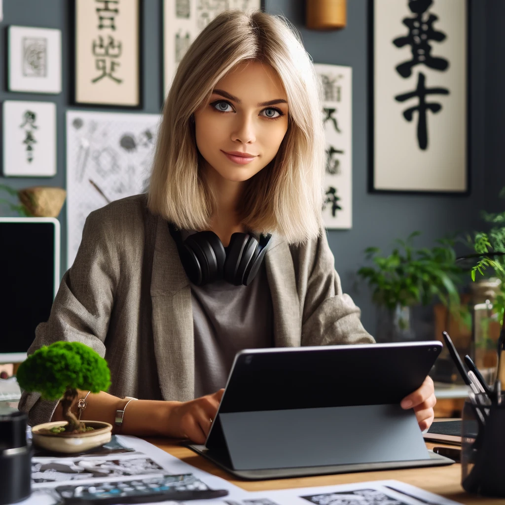 A creative young female designer with a modern tech-savvy look, sitting at her workspace.